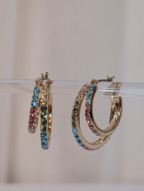 Karl Lagerfeld Gold Hoop Earrings With Multicolor Rainbow Stones